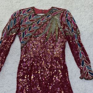 Vntg Carina 100% Silk Beaded Sequin Formal Occasion Cocktail Keyhole Dress‎ Sz S